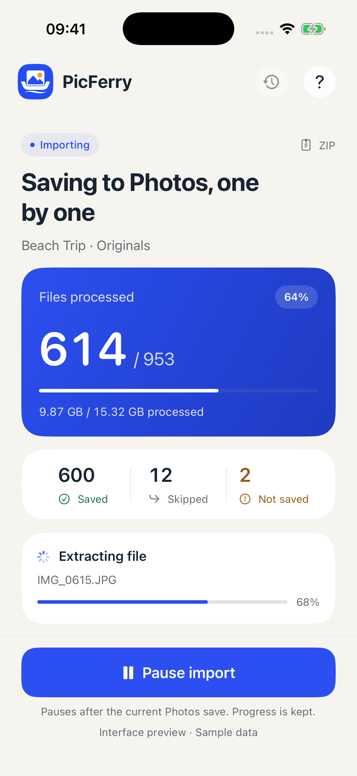 PicFerry import progress with separate Saved, Skipped and Not saved counts