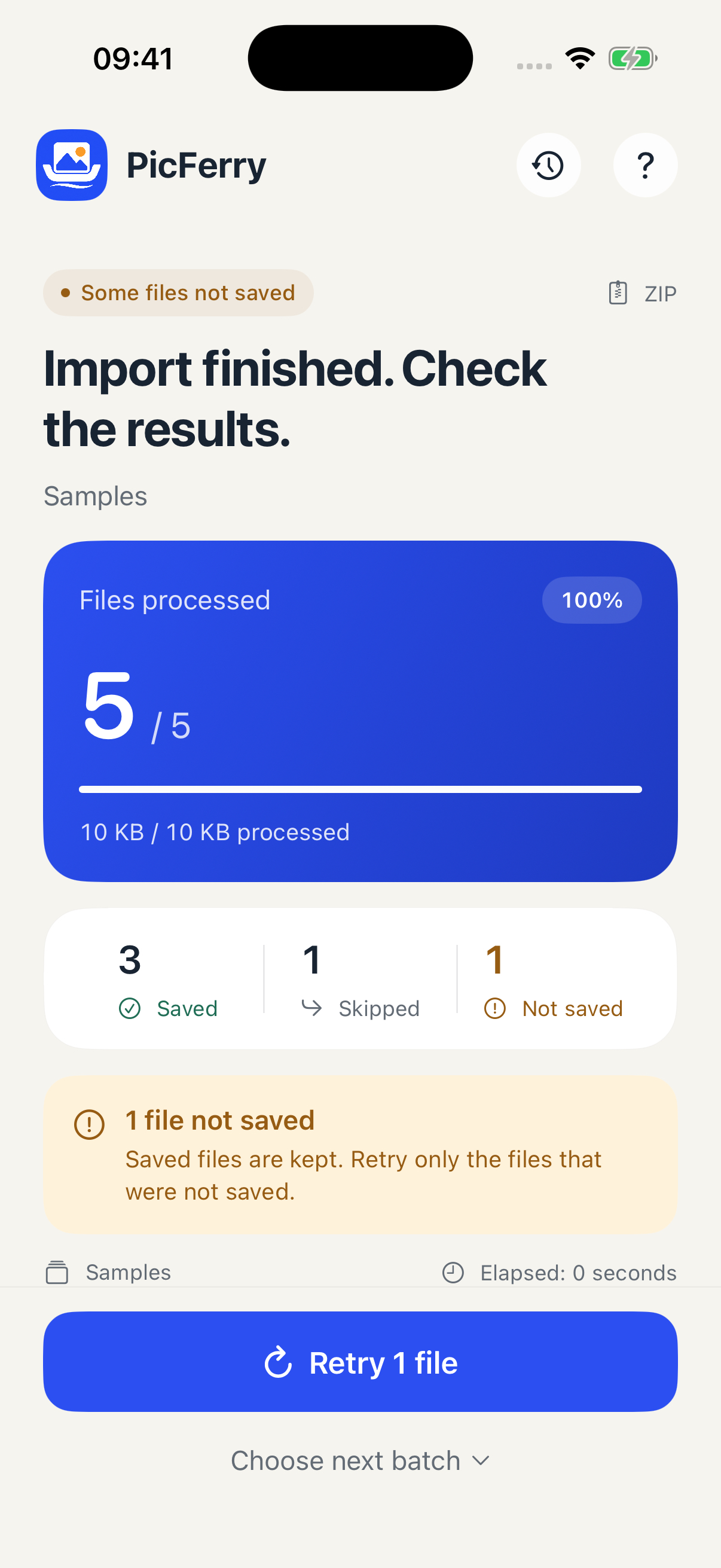 A real synthetic sample import: three saved files, one duplicate skipped and one failed file