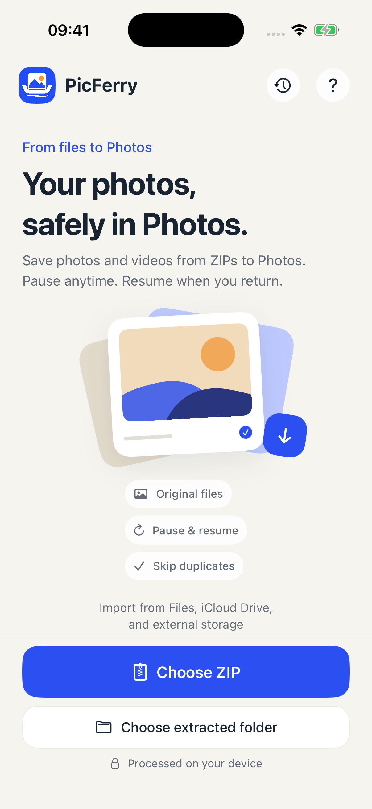 PicFerry welcome screen with Choose ZIP and Choose extracted folder actions